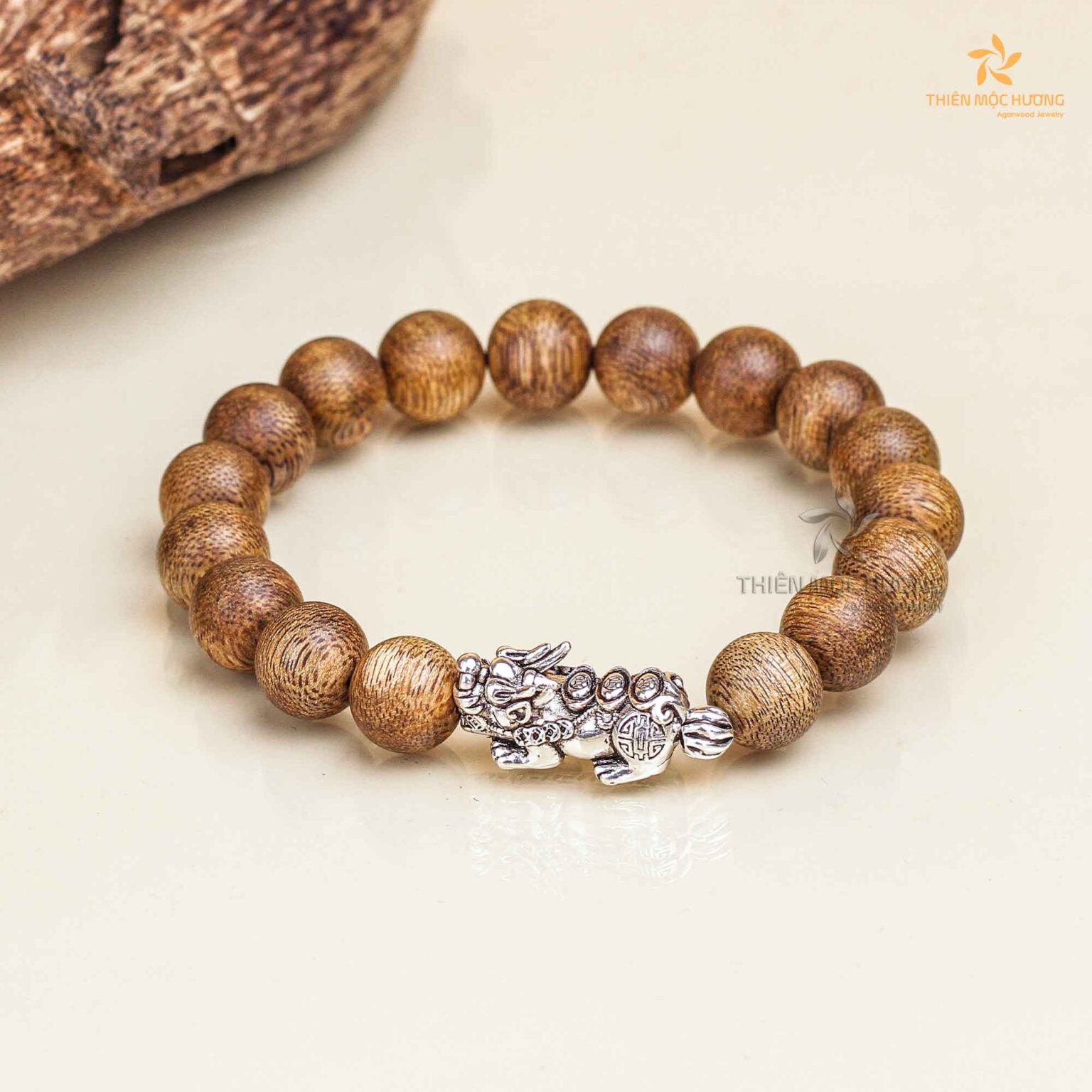 Pixiu beaded Agarwood Bracelet Silver Charm- Vietnamese Toc Agarwood