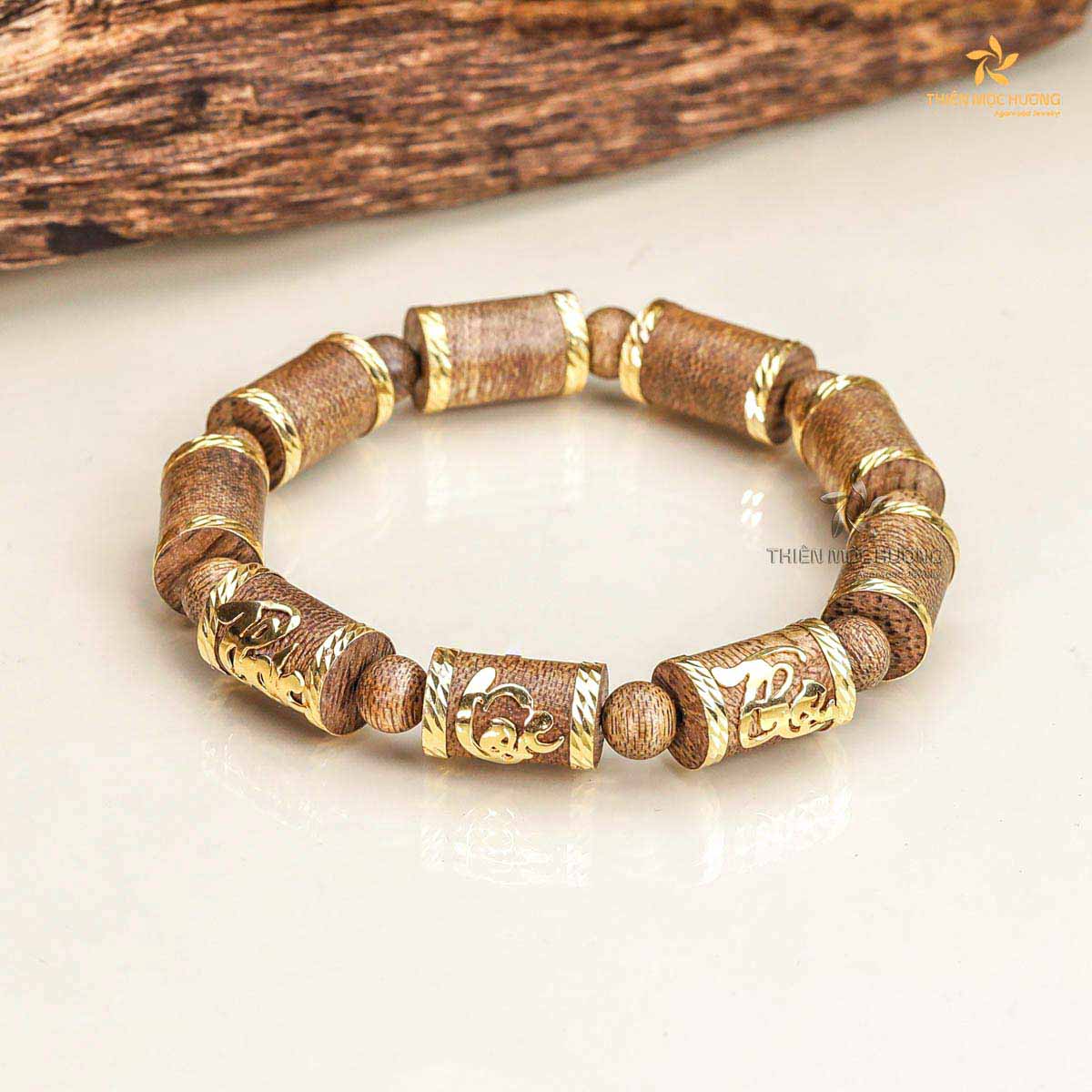 Golden Phuc Loc Tho Agarwood Bracelet - Vietnamese Toc Agarwood - Thien Moc Huong