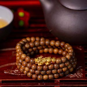 Pixiu 108 beads agarwood bracelet with 24k gold