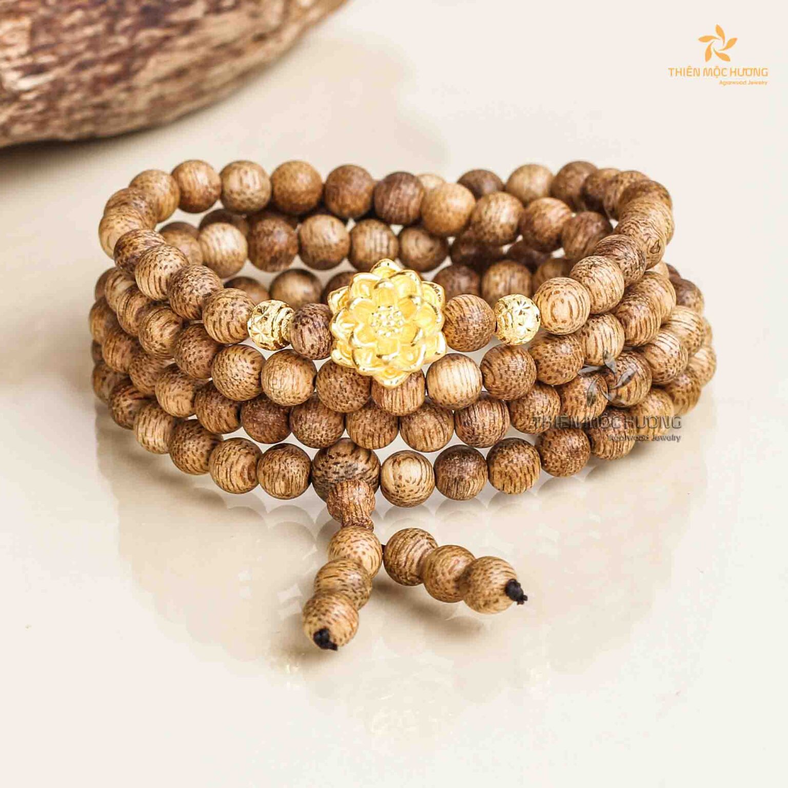 Lotus 108 mala beads Agarwood Bracelet with 24K Gold - Vietnamese Toc Agarwood