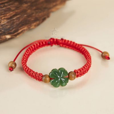 Red String Bracelet with Four-leaf Stone Charm