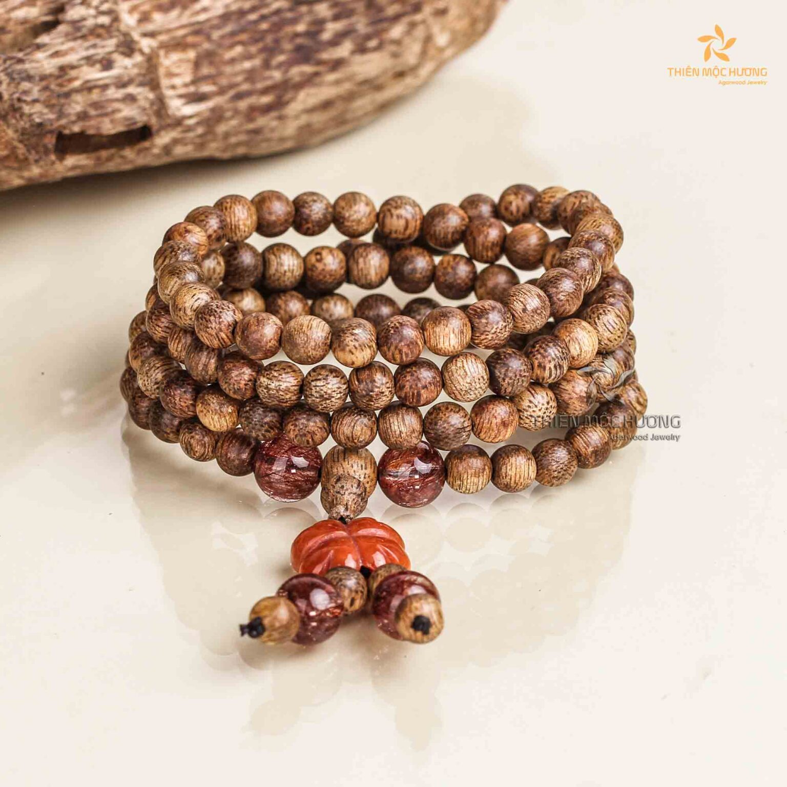 Four-leaf Clover 108 mala Agarwood Bracelet with Gemstone - Red - Vietnamese Toc Agarwood