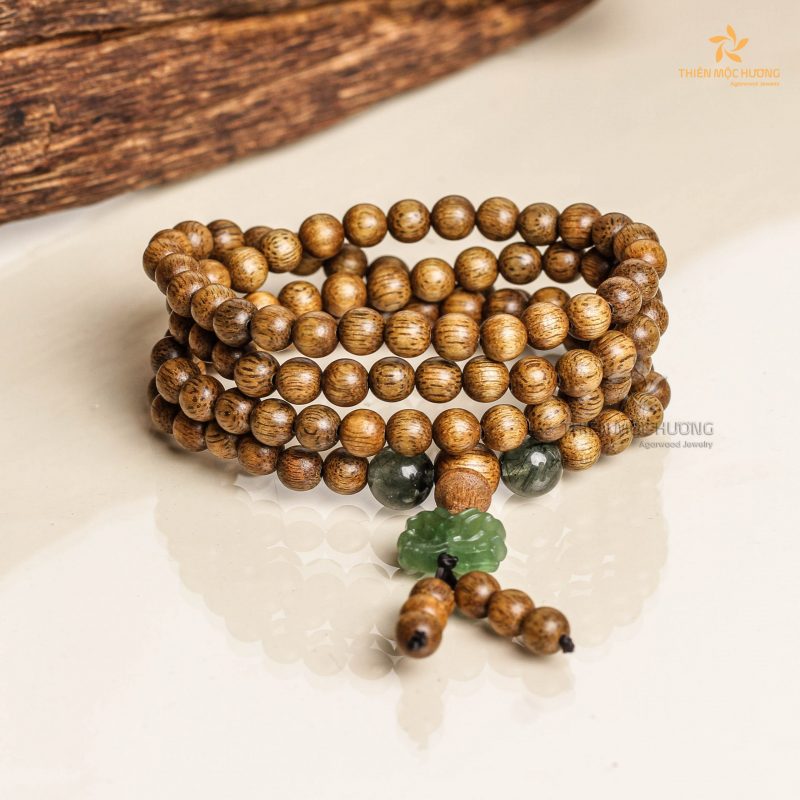 Four-leaf Clover 108 mala Bracelet with Gemstone - Vietnamese Agarwood