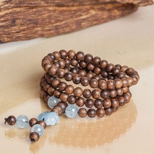 Four-leaf Clover 108 mala beaded agarwood bracelet with gemstone