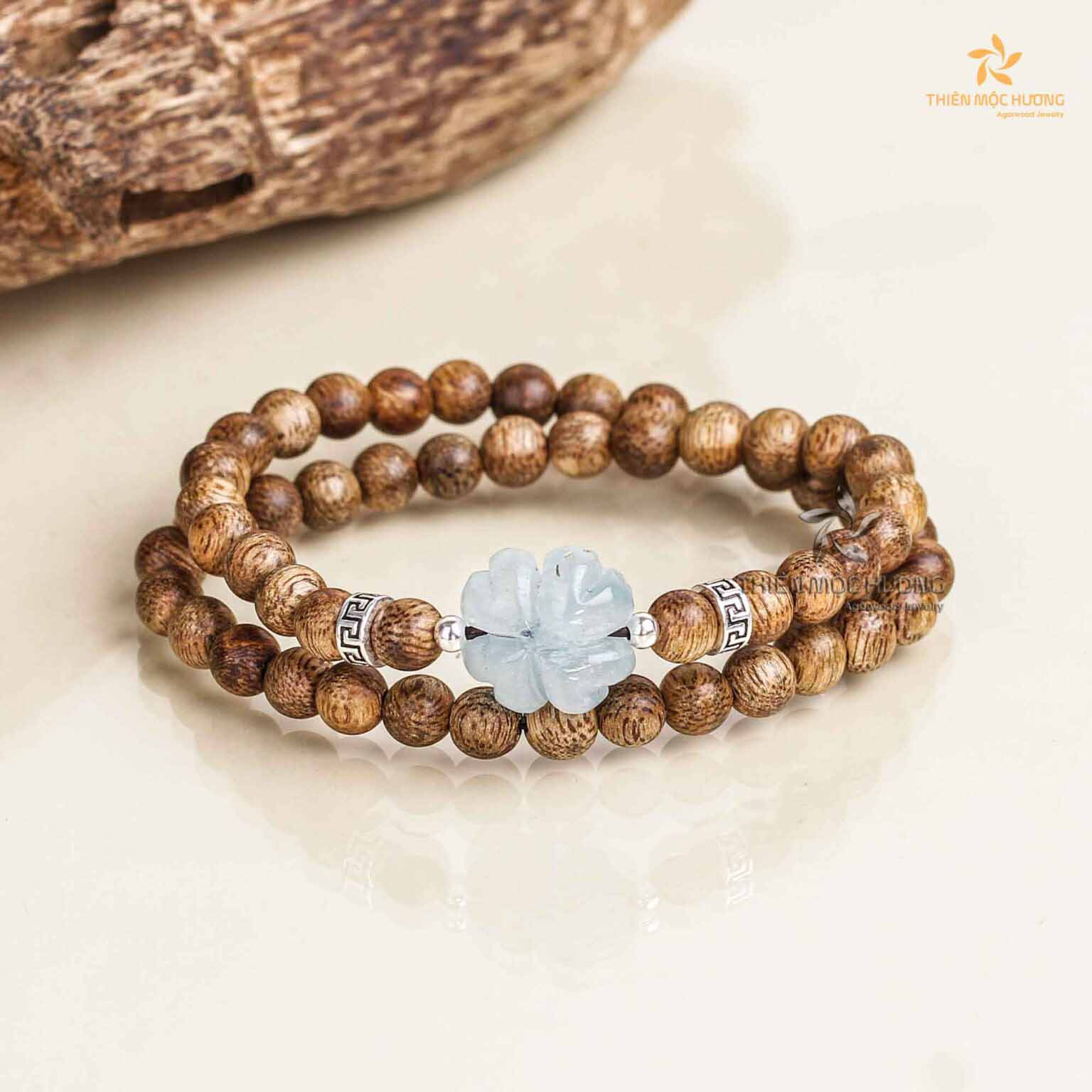 Four-leaf Double Agarwood Bracelet - Aquamarine - Vietnamese Toc Agarwood