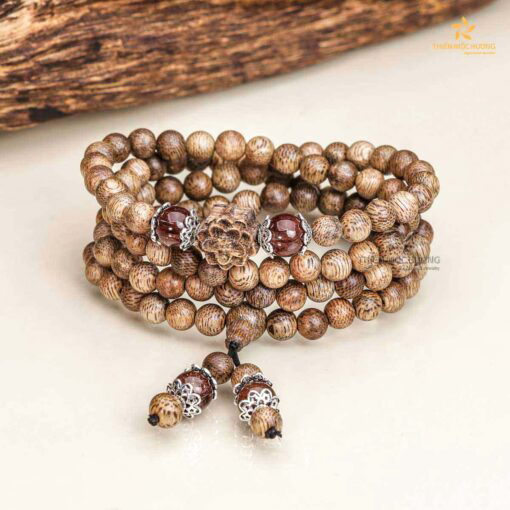 Lotus 108 mala beads Agarwood Bracelet with Gemstone - Red - Vietnamese Toc Agarwood