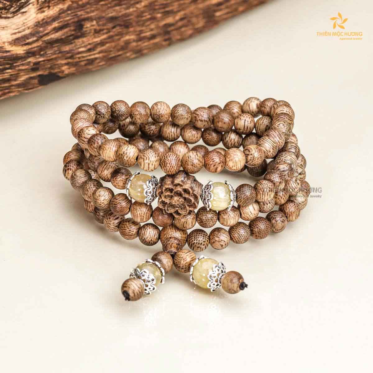 Lotus 108 mala beads Agarwood Bracelet with Gemstone - Yellow - Vietnamese Toc Agarwood