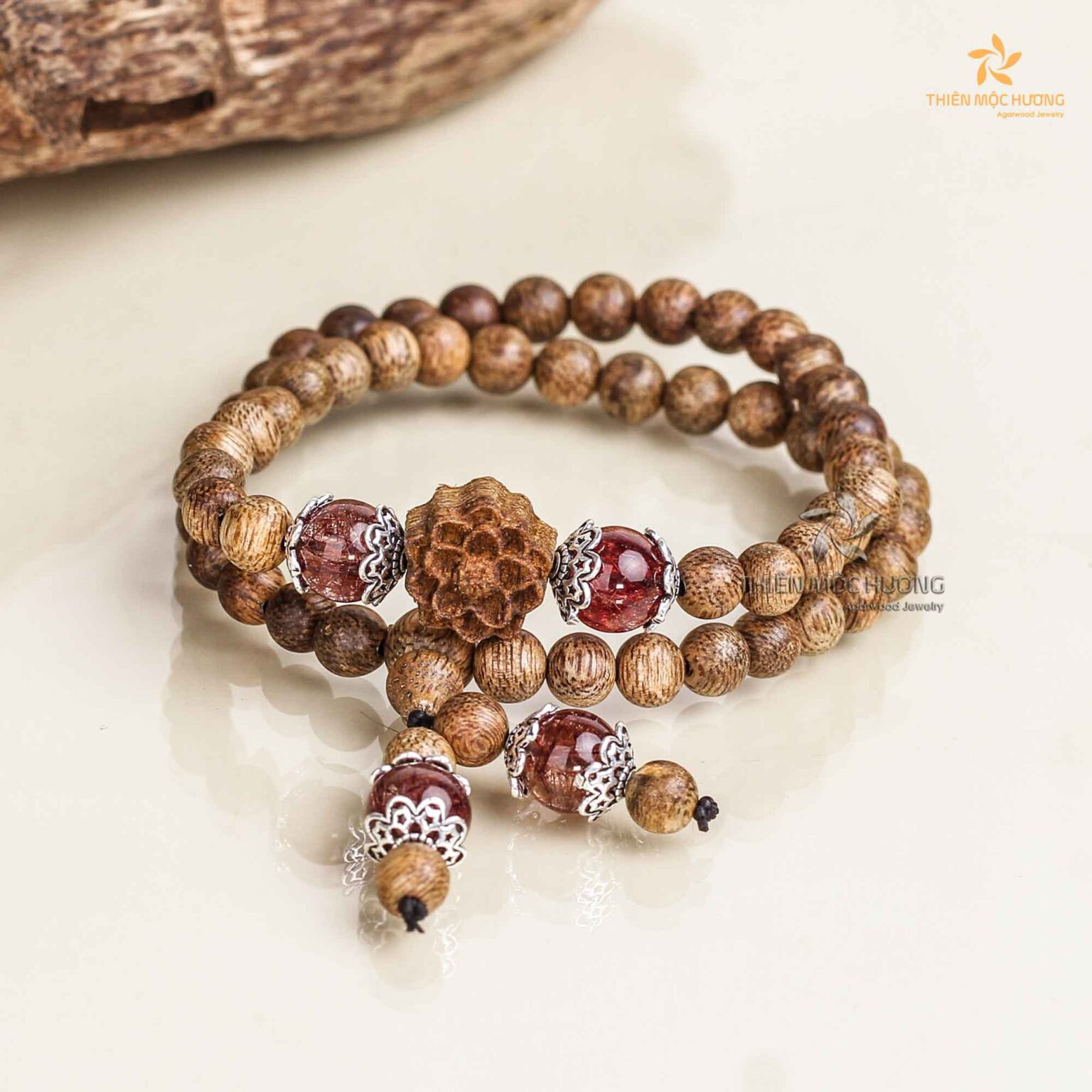 Lotus Double Agarwood Bracelet with Gemstone - Vietnamese Toc Agarwood